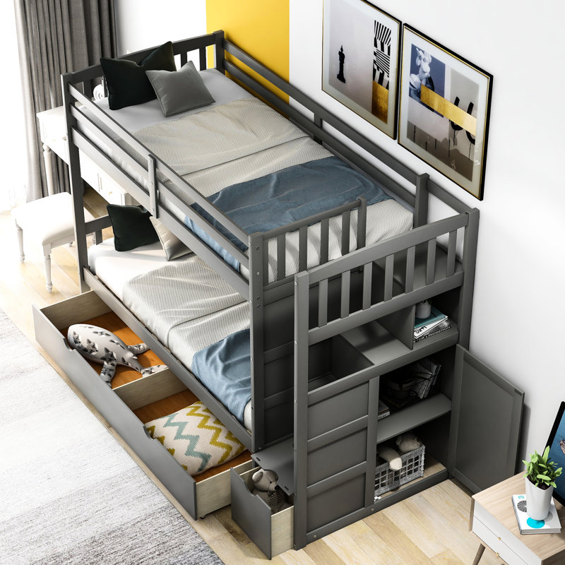Twin/full Bunk Bed With Materials - Gray Efficient Space Utilization And Drawer Storage