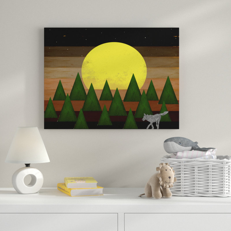 «Nighttime In The Forest With Wolf», art sur toile, H 24 po x l 32 po
