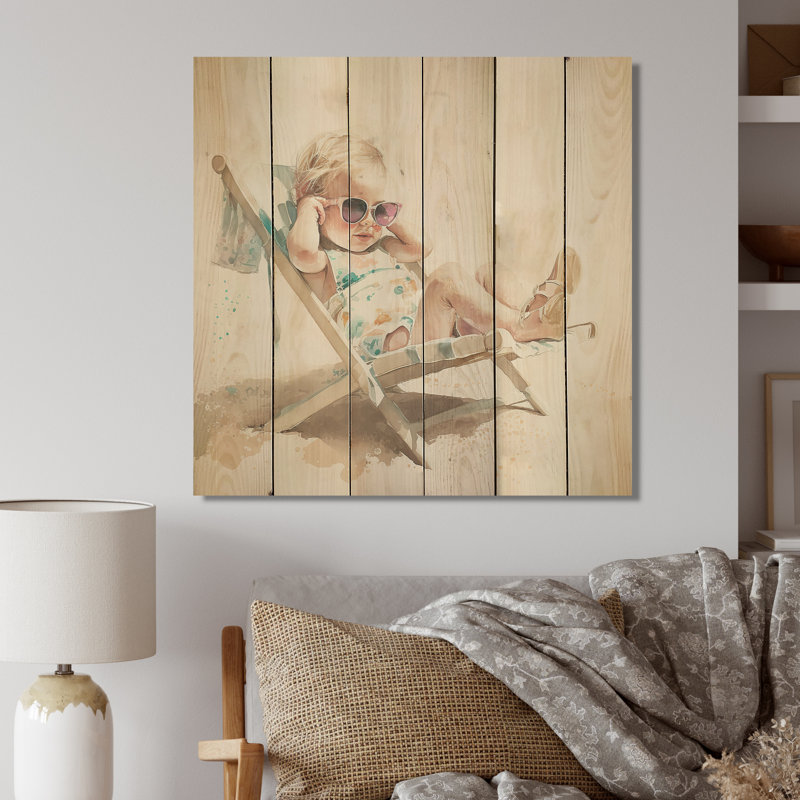 Ulus, enfant sur la plage I - impression sur bois sans cadre, H 16 po x l 16 po x P 1 po