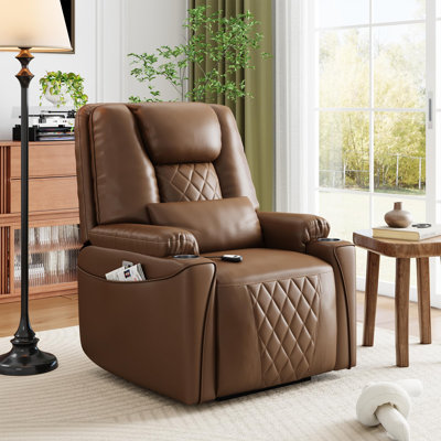 Electric Power Lift Recliner Armchair with Stand Assist Function, PU Leather Reclining Seat Built with Cup Holders and USB Charging Ports, Multi-Functional Lounge Chair for Indoor Living Areas, Brown