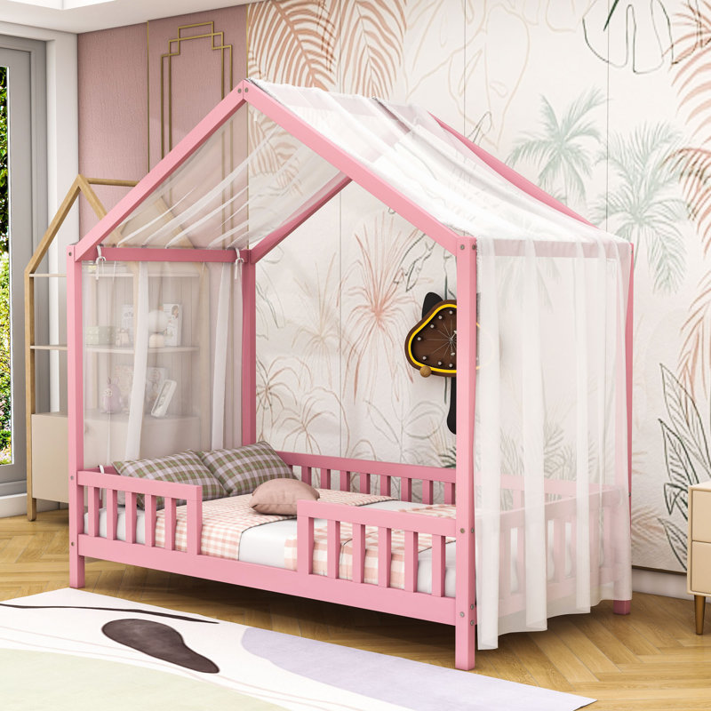 Enchanting Montessori Wooden House-Shaped Bed With Canopy, Twin, Pink