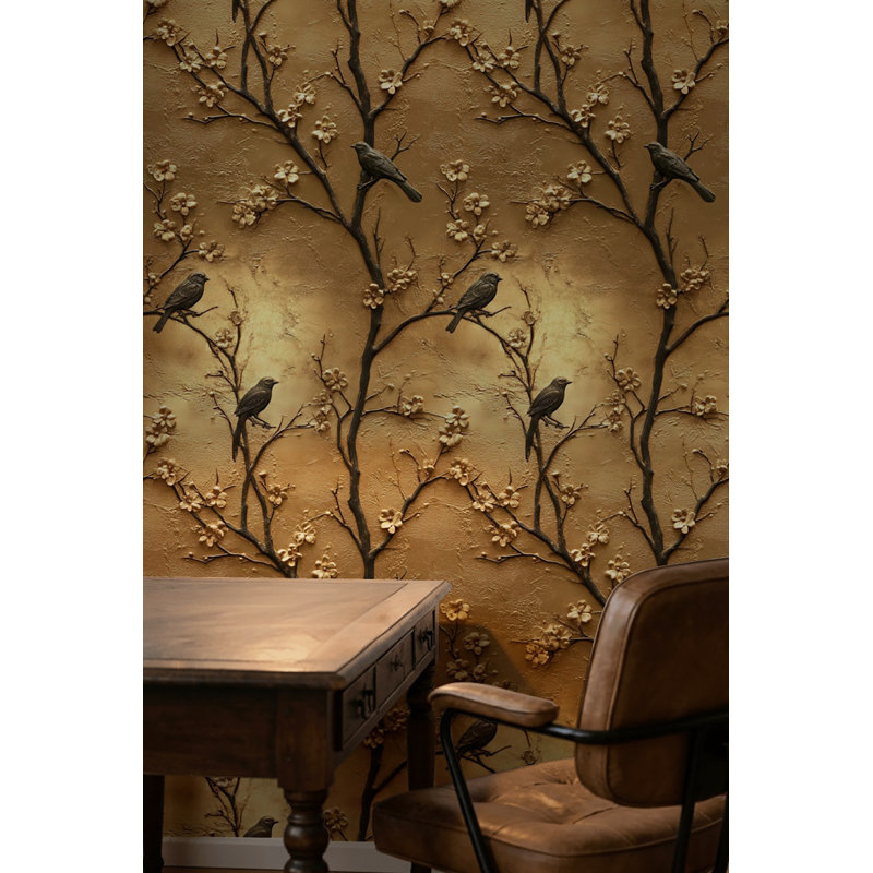 Papier peint floral avec oiseaux or