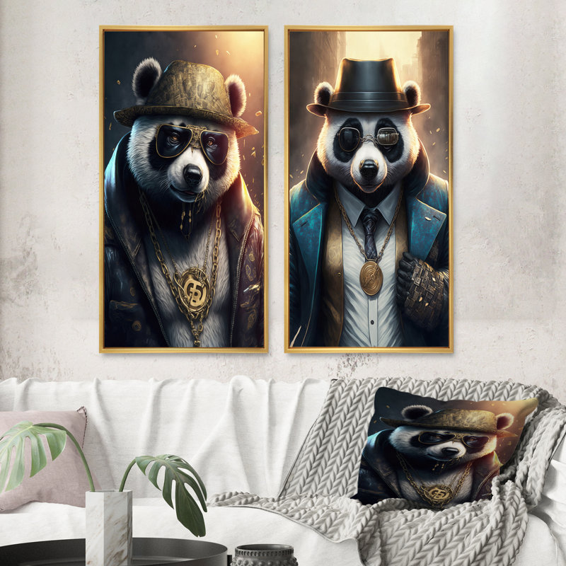 «Panda Gangster In NYC», 2 pièces sur toile, Encadrement doré, H 32 po x l 32 po