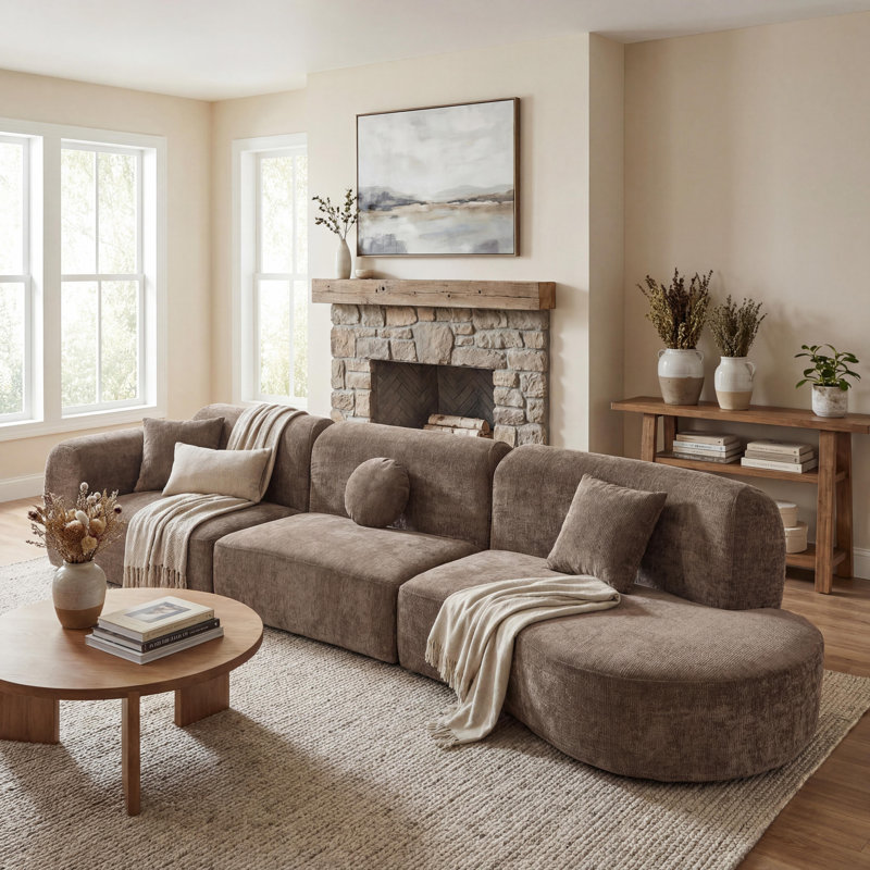 Camden Boneless 140'' Compression Curved Sectional Sofa, Brown Polyester