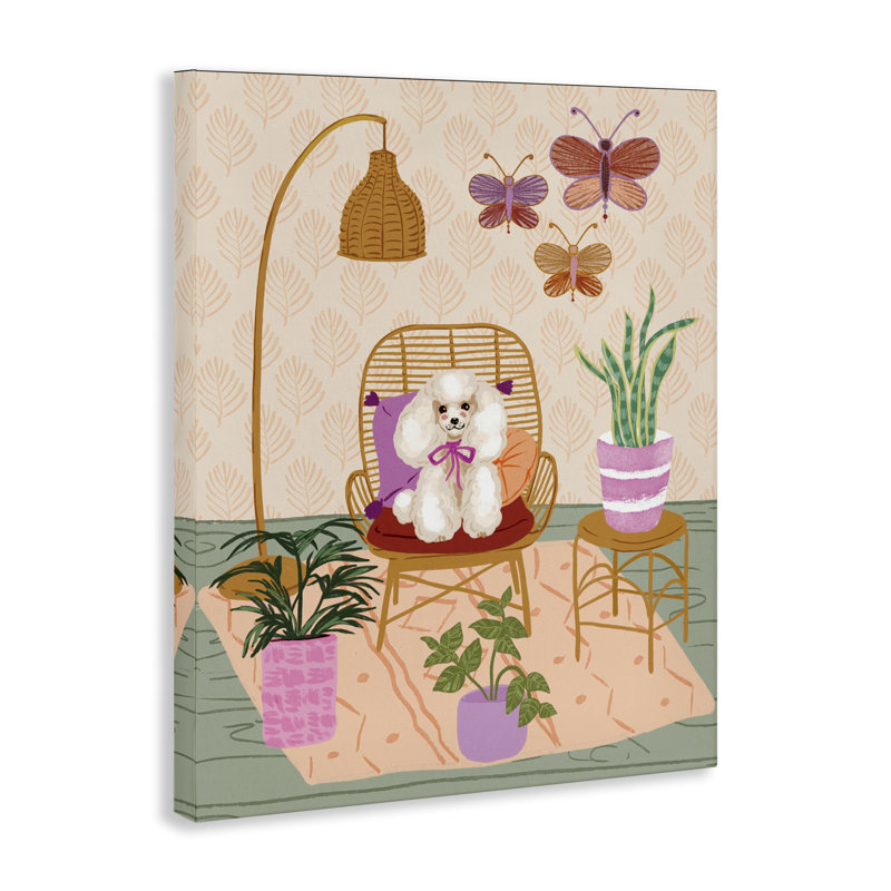 «Pup in Whimsical Living Space», art mural sur toile par Be Ni La, H 30 po x l 24 po