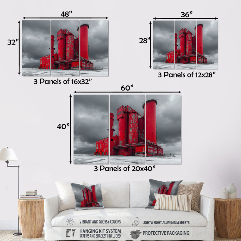 Ensemble d'art mural rouge et gris, Métal métal, H 32 po x l 48 po x P 1 po