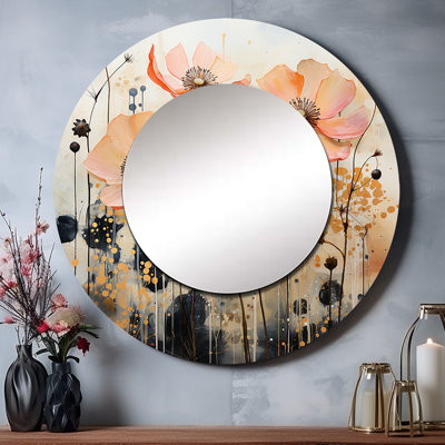 Raighlyn «Peach Blossoming Abstractions I» - miroir botanique, miroir mural rond unique pêche, impression sur métal