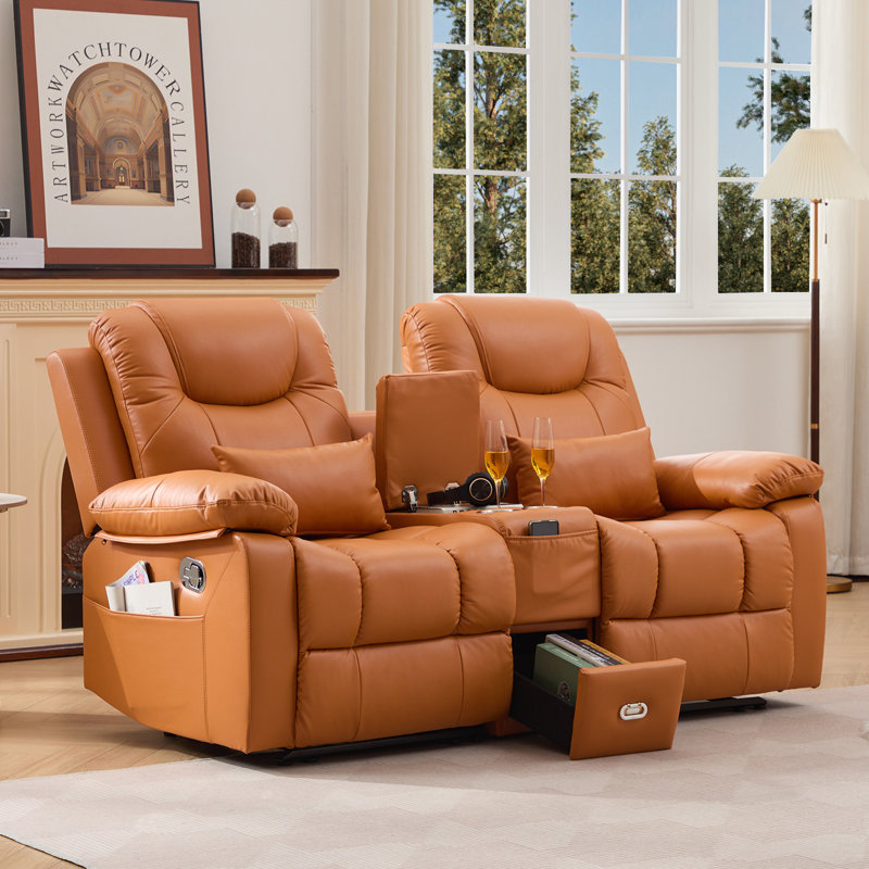 Manual Reclining Loveseat Sofa With Cup Holders & Storage Console For Living Room, Orange