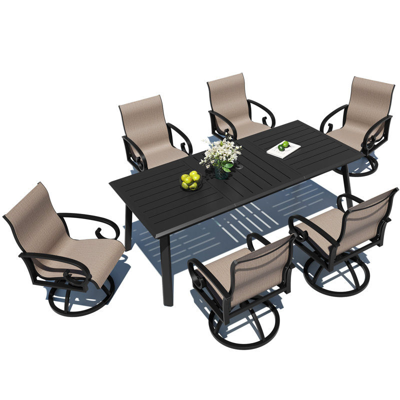 Patio Dining Set with  Aluminum Dining Table and Sunbrella Swivel Rocking Dining Chairs (Set of 7), 6, Augustine Ashes