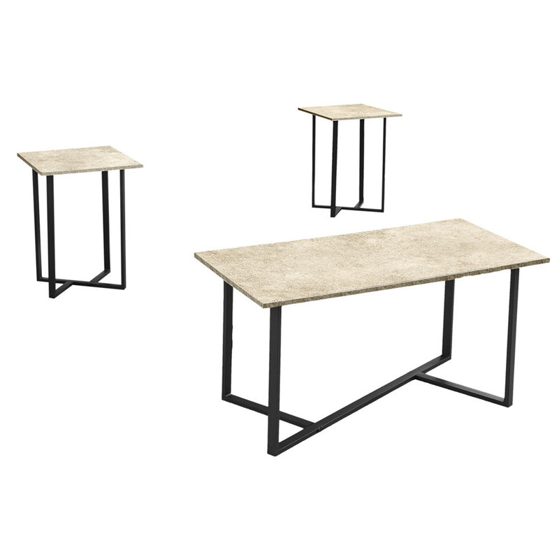 Ensemble de table, ensemble de 3 pièces, café, bout, salon, stratifié pierre crème, métal noir, contemporain, moderne