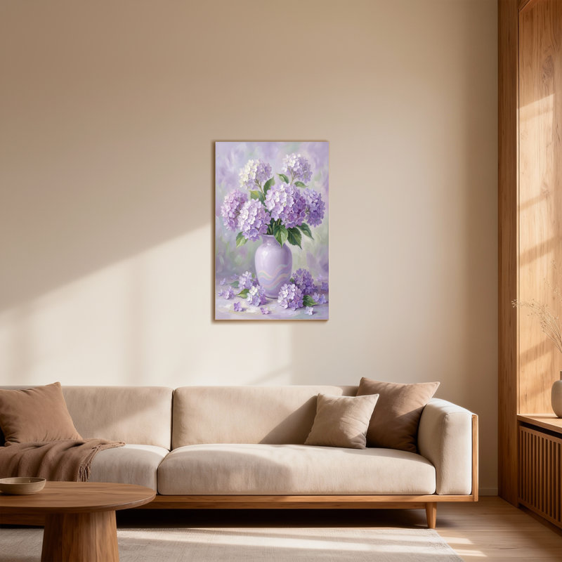 Saint-Valentin Fleurs mauves dans un vase avec feuilles vertes, H 18 po x l 12 po