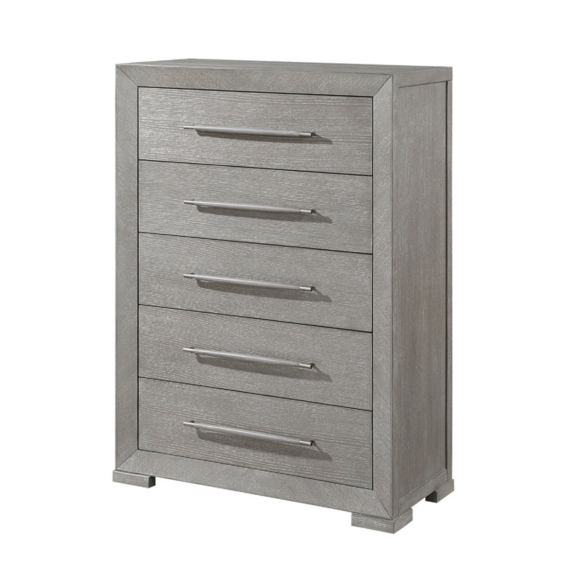 Commode ovale haute Ova, 5 tiroirs l larges poignées en bois, gris