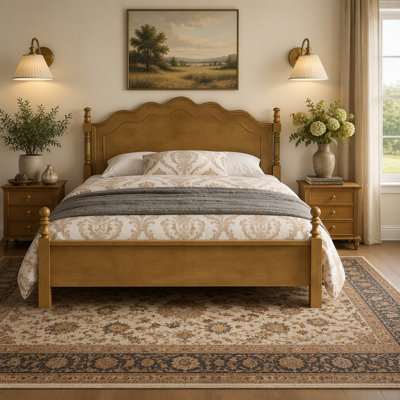 Classic American Vintage Style Wood Bed with Curved Headboard, Platform Bed Frame with Strong Support, No Box Spring Needed King/Queen size
