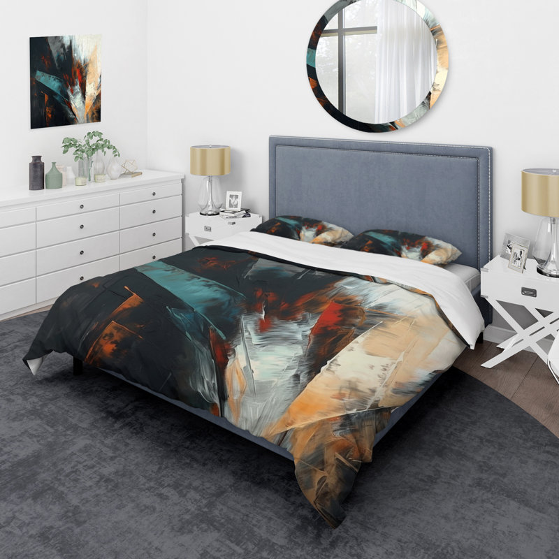 Ensemble de housse de couette orange et bleu en mélange de couleurs II, Housse de couette pour grand lit et 2 taies décor
