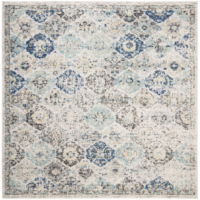 Tapis oriental ivoire / turquoise Felty, Carré 5 pi 3 po