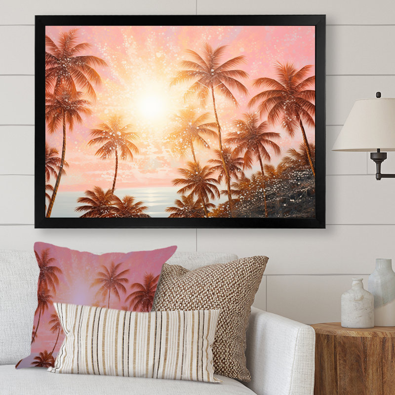 Rose Radiance Sunset Palm Trees Canvas Print with Black Frame
