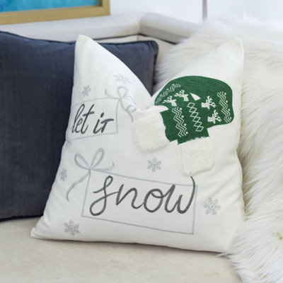 Let It Snow Christmas Throw Pillow – 20X20" Square Cotton Cushion With Green Knit Hat Design And Insert