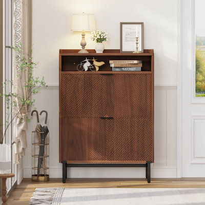 Brulee Modern Style 20 Pairs Tipping Bucket Shoe Storage Cabinet with 2-Storage Shelve, Fluted Shoe Storage Organizer Unit with 2 Flip Drawers & Hidden Storage For Entryway