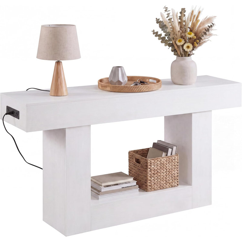 Console mince de style campagnard de 140 cm avec alimentation intégrée (prises et ports USB), éclairage DEL à détecteur de mouvement, étagère de rangement à 2 niveaux, table d'entrée/derrière le canapé
