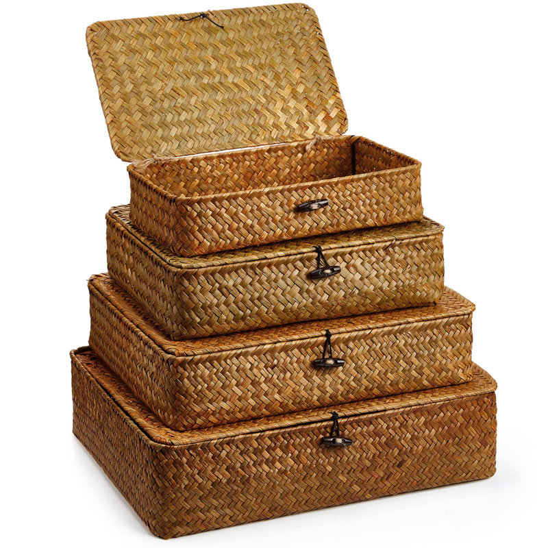4-Piece Seagrass Storage Basket Set, Woven Organizer Boxes with Lids