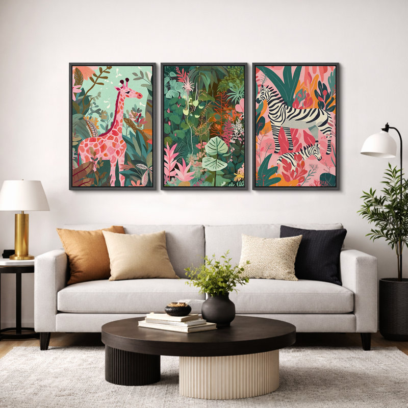 «Bright Preppy Animals» Dreamy Safari, rose, vert, animal, œuvre d'art, H 36 po x l 72 po, Cadre flottant noir