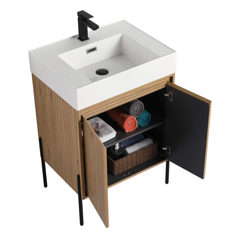 Ebern Designs Yordana Bathroom Vanity 24" Wide, Oak, White