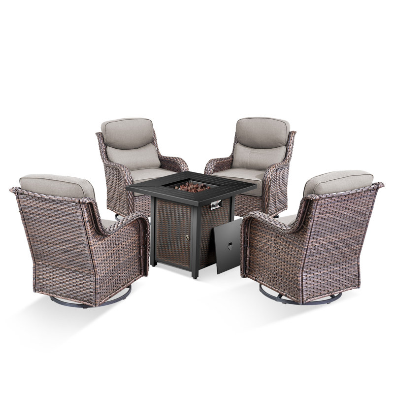 Wickes All-Weather Outdoor Wicker 4-Person Seating Group With Square Metal Fire Pit Table,Swivel Gliders With 6" Thick Cushions