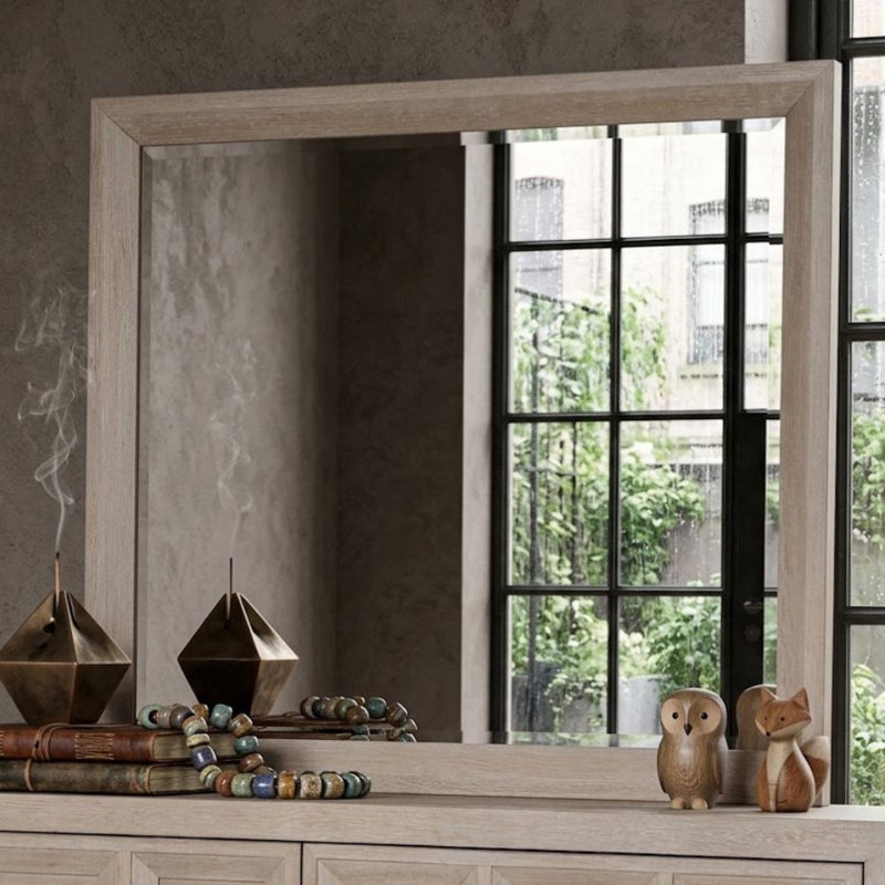 Miroir rectangulaire moderne Belisent beige, 107 cm (L) x 97 cm (H), encadré de bois