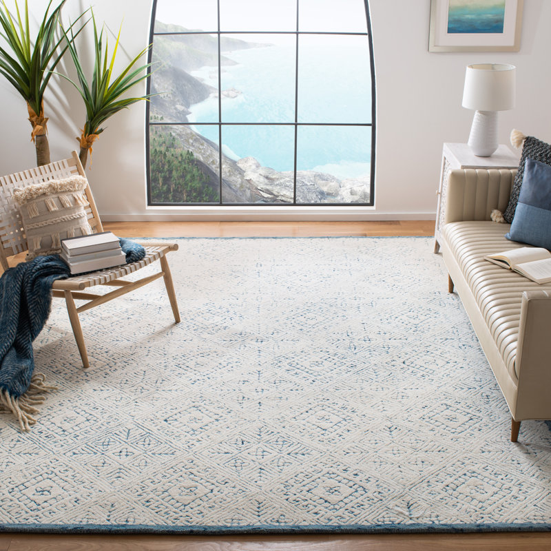 Tapis bleu / ivoire en laine touffeté à la main Crowell, Rectangle 8 pi x 10 pi