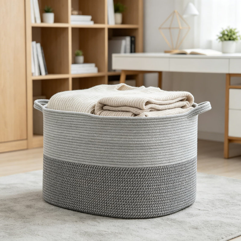 Large Woven Cotton Rope Basket, Blanket Storage for Living Room, Laundry Hamper, Toy Organizer, Pillow and Cushion Holder