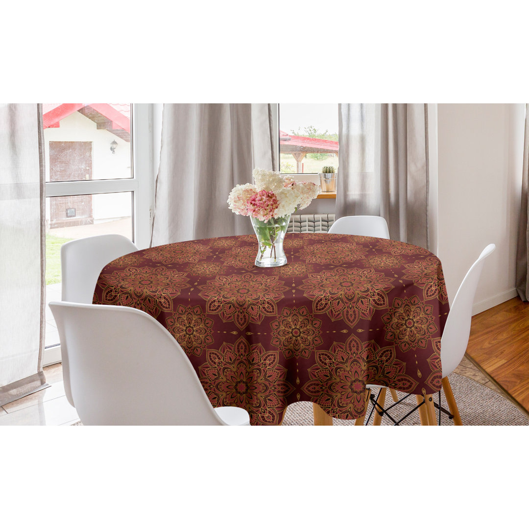 Ambesonne Mandala Round Tablecloth, Oriental Motifs With Floral Elements And Leavess Inspiration, Circle Table Cloth Cover For Dining Room Kitchen Decoration, 60", Red Earth Yellow East Urban Home