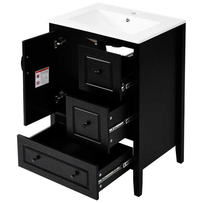 Meuble-lavabo de 24 po d'inspiration rétro noire avec lavabo en céramique pré-percé, solutions de rangement à fermeture en douceur et poignées en métal rétro style autoportant pour lavabo nécessitant peu d'entretien