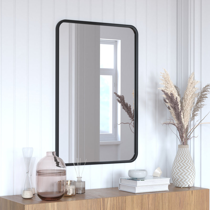 Miroir d'appoint mural incassable avec cadre en métal et coins arrondis Arelly, Noir, 36 po x 24 po