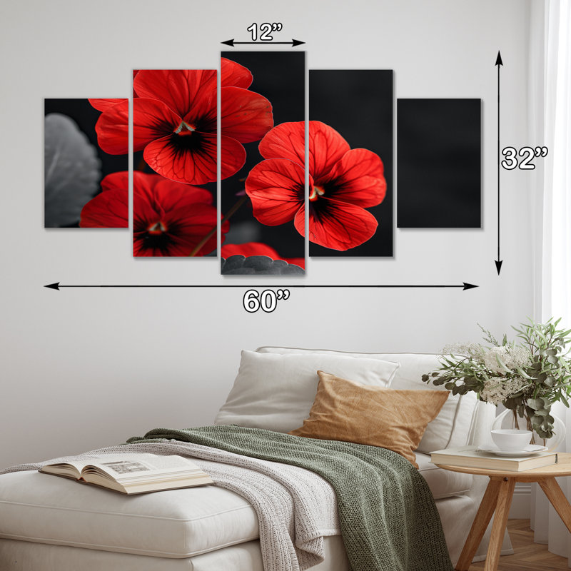 Fleurs rouges rouges et noires en verre, ensemble d'art sur toile I Pensies