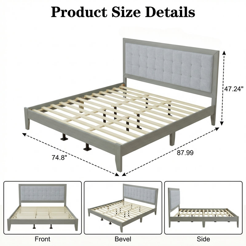 Solid Wood Platform Upholstered Headboard California King Bed Frame with Silent Slats and Tufted Design