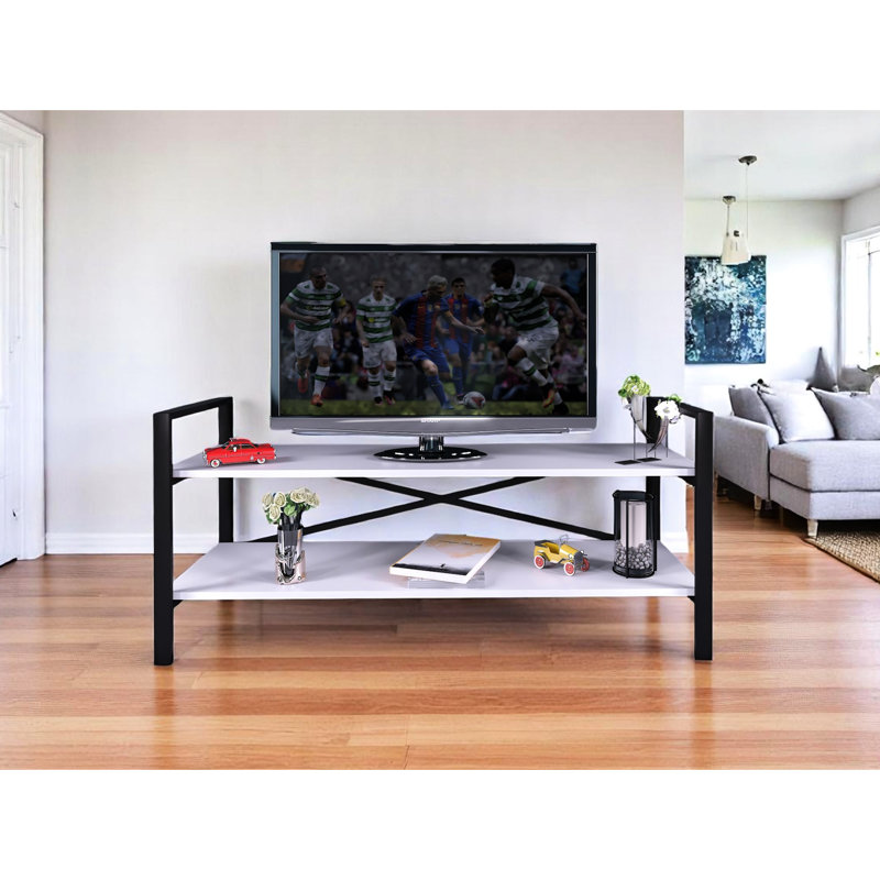 Meuble télé moderne de 47 po avec finition blanche, conception de tablette ouverte pour couleur de rangement pour appareils multimédias, rangement des tablettes arrière