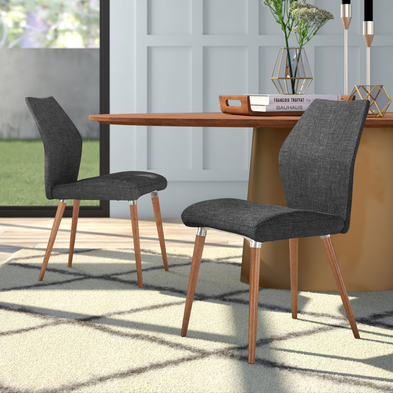 Jaeya 18.5'' H Linen Upholstered Side Chair, Dark Grey Linen, Light Oak