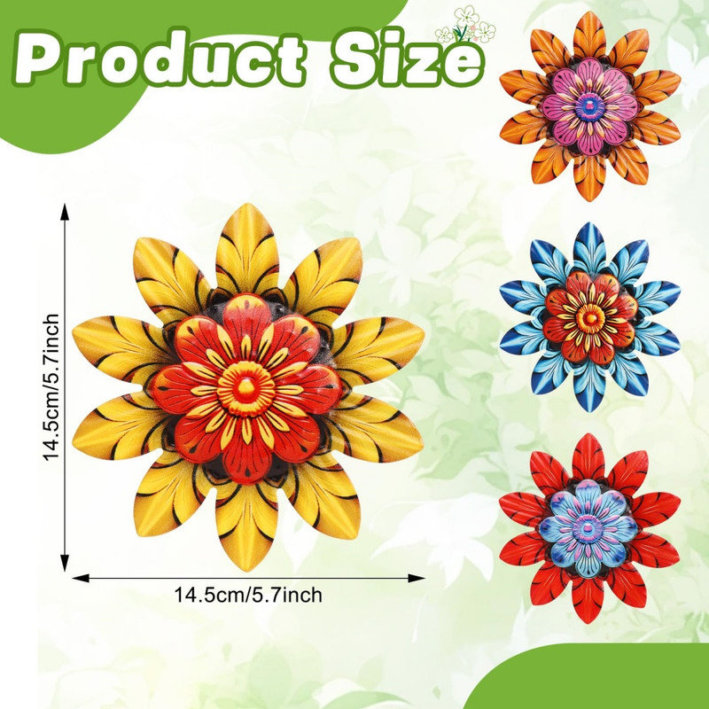 4Pcs Metal Flower Wall Decor Outdoor Garden Hanging Sculpture 4 Styles Colorful Metal Flower Decor for Patio Garden Fence Yard Patio Balcony Living Room