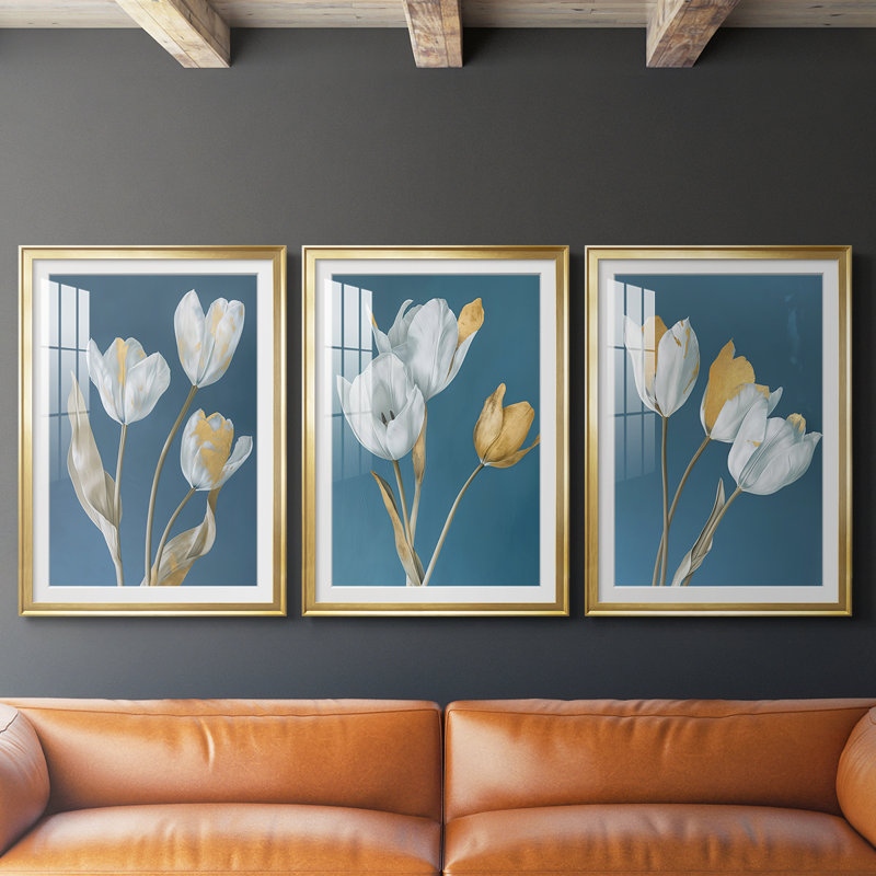 FLORAL Series CL - Impression sur mesure encadrée de qualité supérieure - 3 pièces, H 21 po x l 30 po, Doré