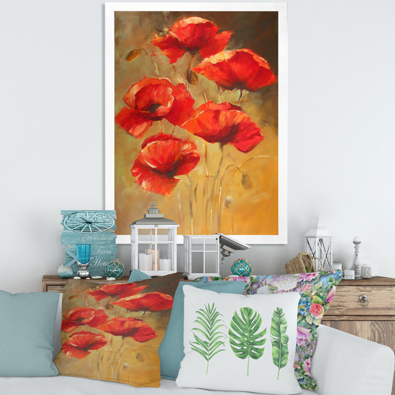 «Vintage Blooming Poppies II», peinture sur toile, H 32 po x l 16 po x P 1 po, Cadre photo blanc