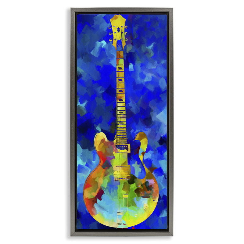 Abstrait guitare sur toile bleue encadrée par Dan Sproul, Cadre flottant gris lustré, H 31 po x l 15 po