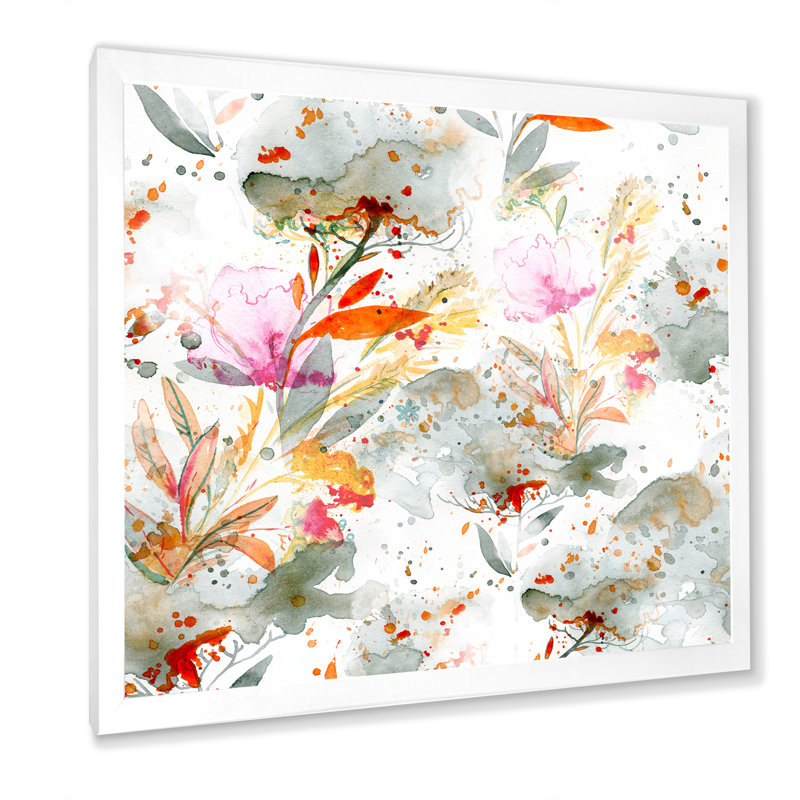 Herbe et plumes en couleurs d'automne I - Peinture sur toile, Cadre blanc, H 37,5 po x l 37,5 po x P 1,5 po
