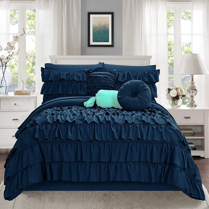 Elegant Comfort Ring Stitch Comforter, Navy, Queen Comforter + 9 Additional Pieces