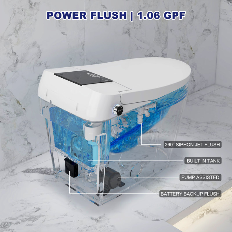  Toilette à bidet intégrée Breezebath à réservoir intégré 1,06 GPF avec ouverture / fermeture automatique et chasse automatique, siège chauffant, affichage numérique, veilleuse, désodorisant, glacis antibactérien, certification WaterSense, certification cUPC et cETL
