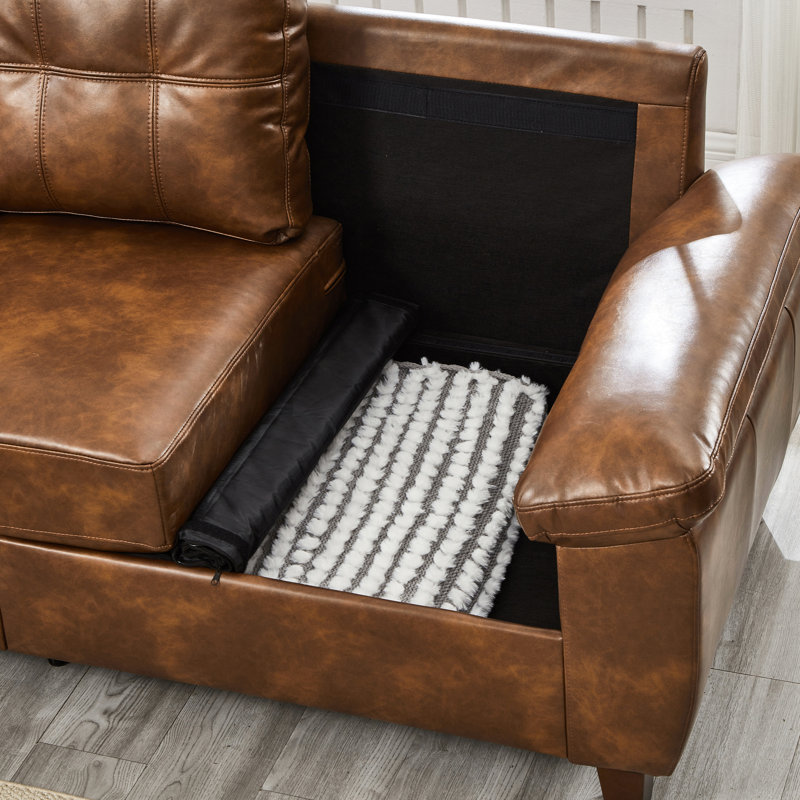 Fauteuil brun de 150 cm (59 pouces) recouvert de cuir PU respirant, style moderne avec rangement, grand accoudoir, assise à ressorts ensachés et pieds en bois massif.