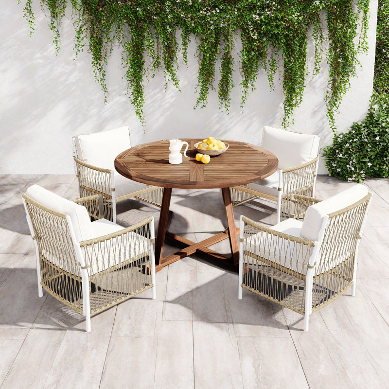Ensemble de table de salle à manger 5 pièces pour patio inclus 1 table basse extensible, 4 fauteuils en rotin avec coussins et structure en fer