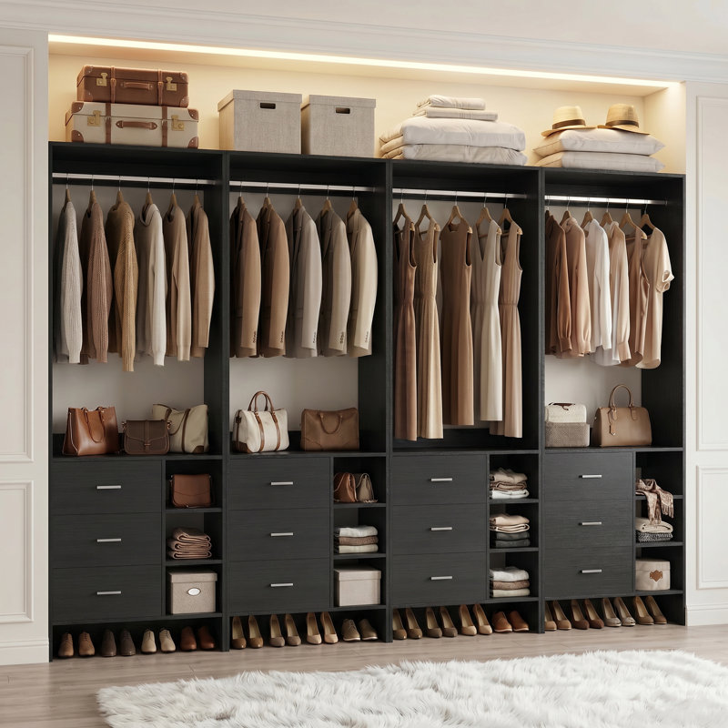 10ft Closet System with Wooden Drawers and Hanging Rods, Black
