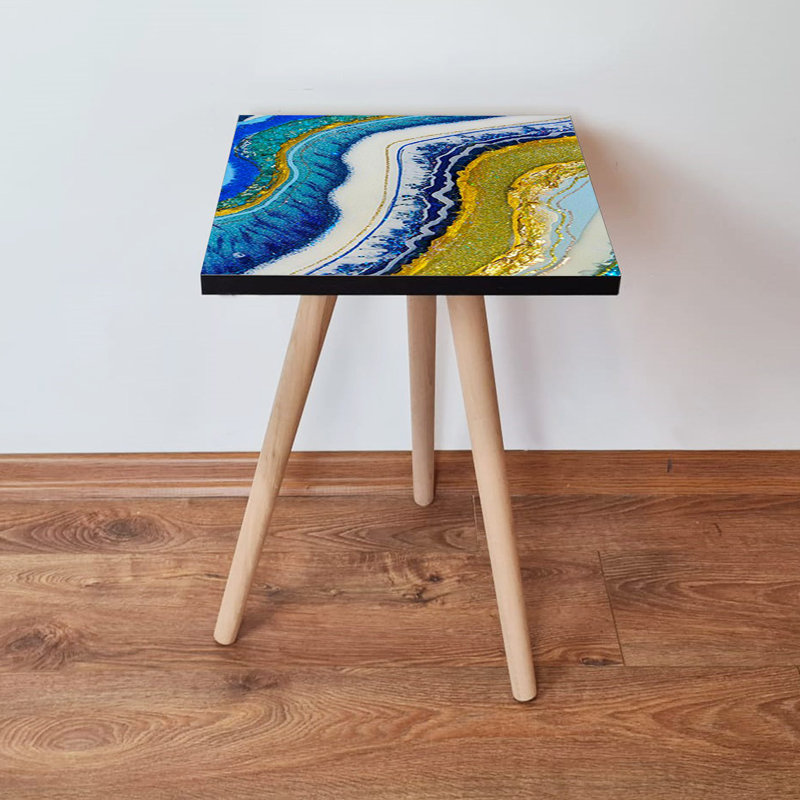Abstract Marble Side Table, 100% MDF with Beech Wood Legs, 13.8 x 16.5 x 13.8 inches | Durable & Stylish Design | Perfect for Living Room, Bedroom, or Office | Modern Accent Furniture
