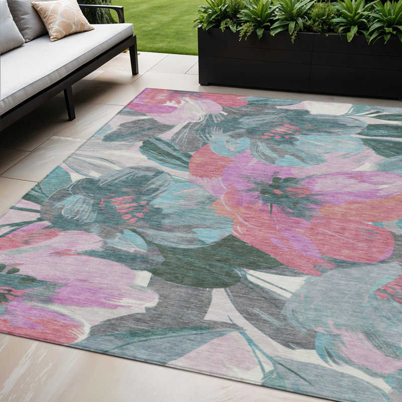 Tapis bleu sarcelle et turquoise à motif floral 5 pi x 8 pi