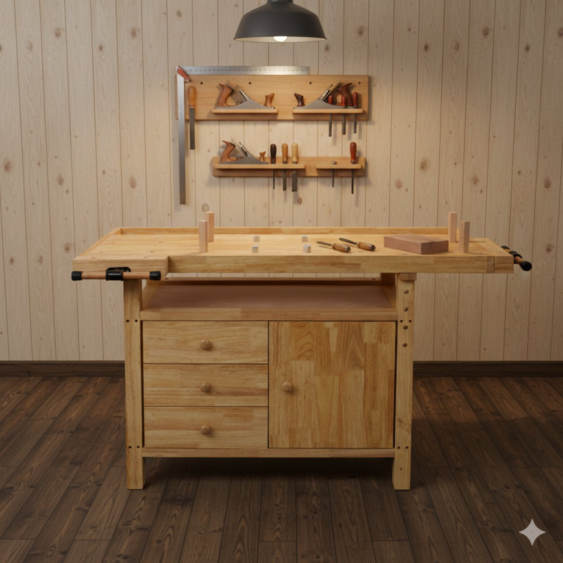 Établi en bois - Poste de travail en bois franc pour garage, atelier et maison